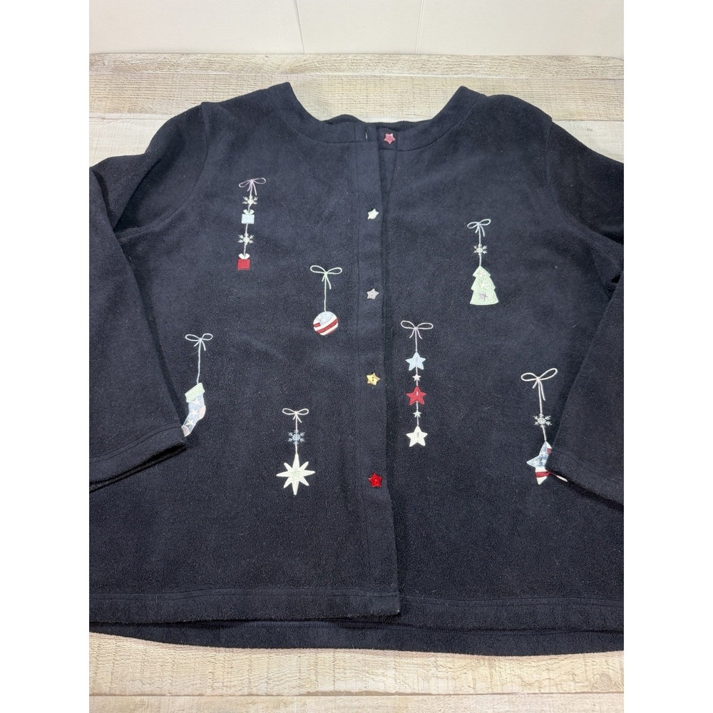 CJ Banks Christmas Cardigan Womens 2X Black Fleece Embroidered Ornaments Holiday